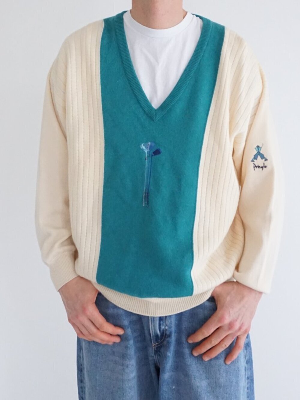 Pringle Cream Teal Golf Club 100% Lambswool Embroidered Knit Sweater Country XL
